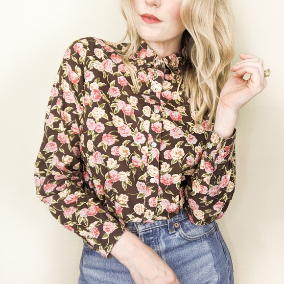 90s Brown Floral Long Sleeve Button Down Blouse - Picture 4 of 14